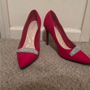 Elegant Red Heels with Rhinestone Detail